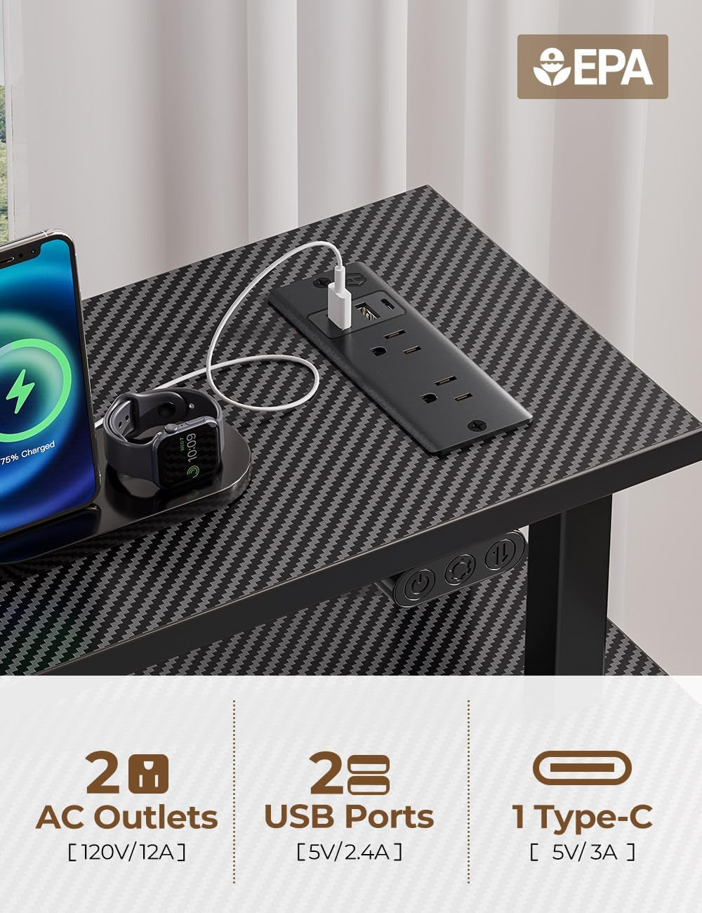 Computer Desk with Power Outlets & LED Light