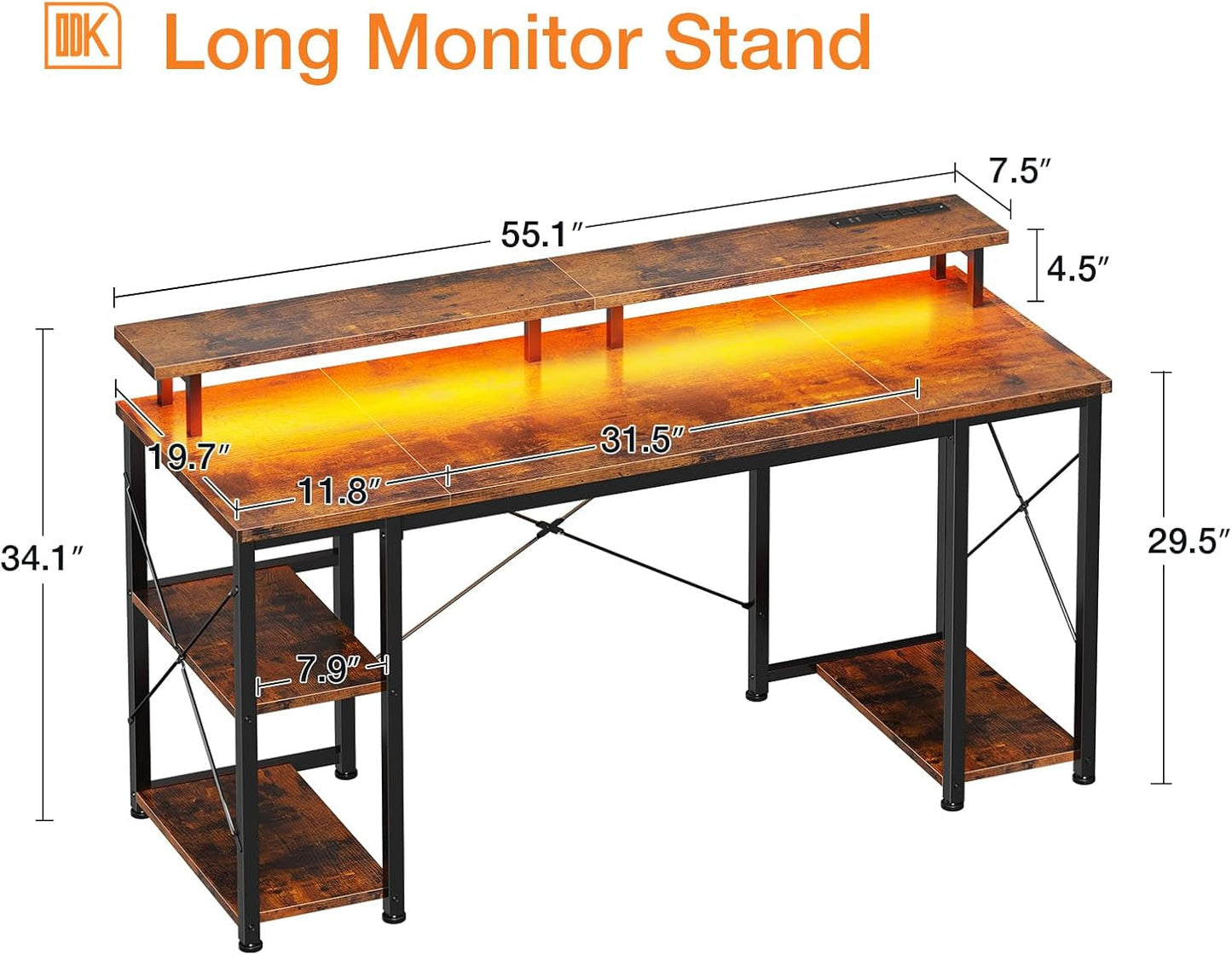 48 Inch Computer Desk with LED Lights & Power Outlets