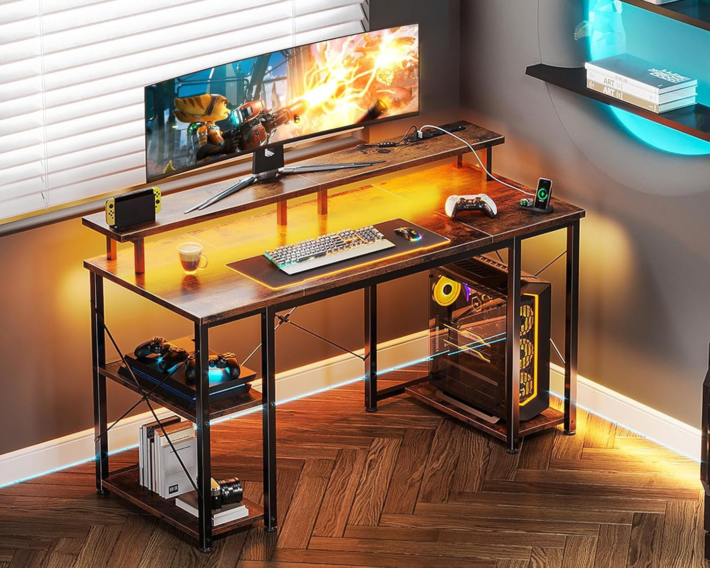 48 Inch Computer Desk with LED Lights & Power Outlets