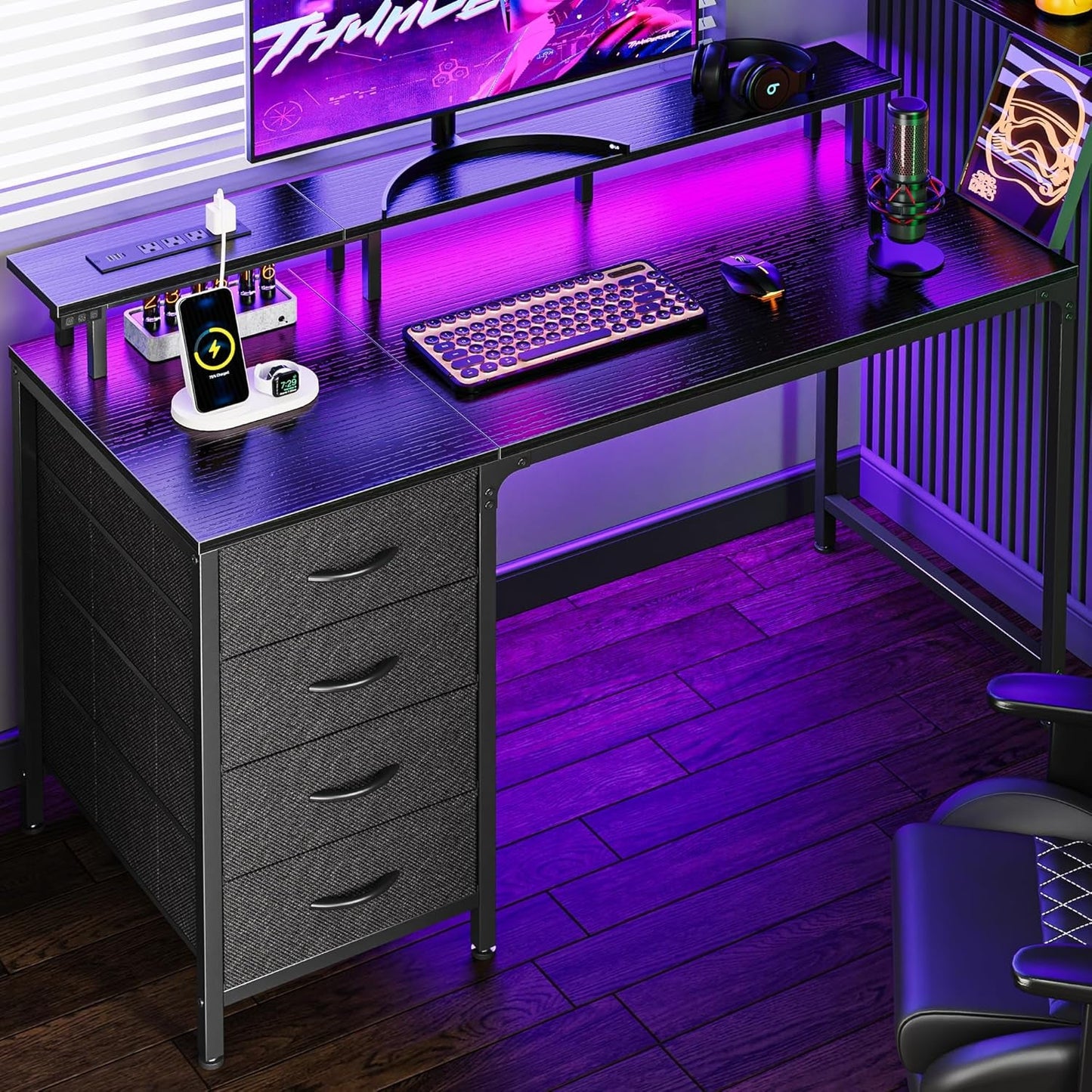 47 Inch Computer Desk with Power Outlets and LED Lights