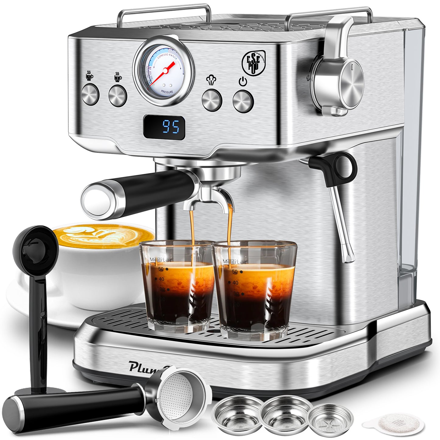 Professional Espresso Machine With Milk Frother, Single & Double Shot, Pod Compatible, Visual Display Of Pressure, Removable Water Tank