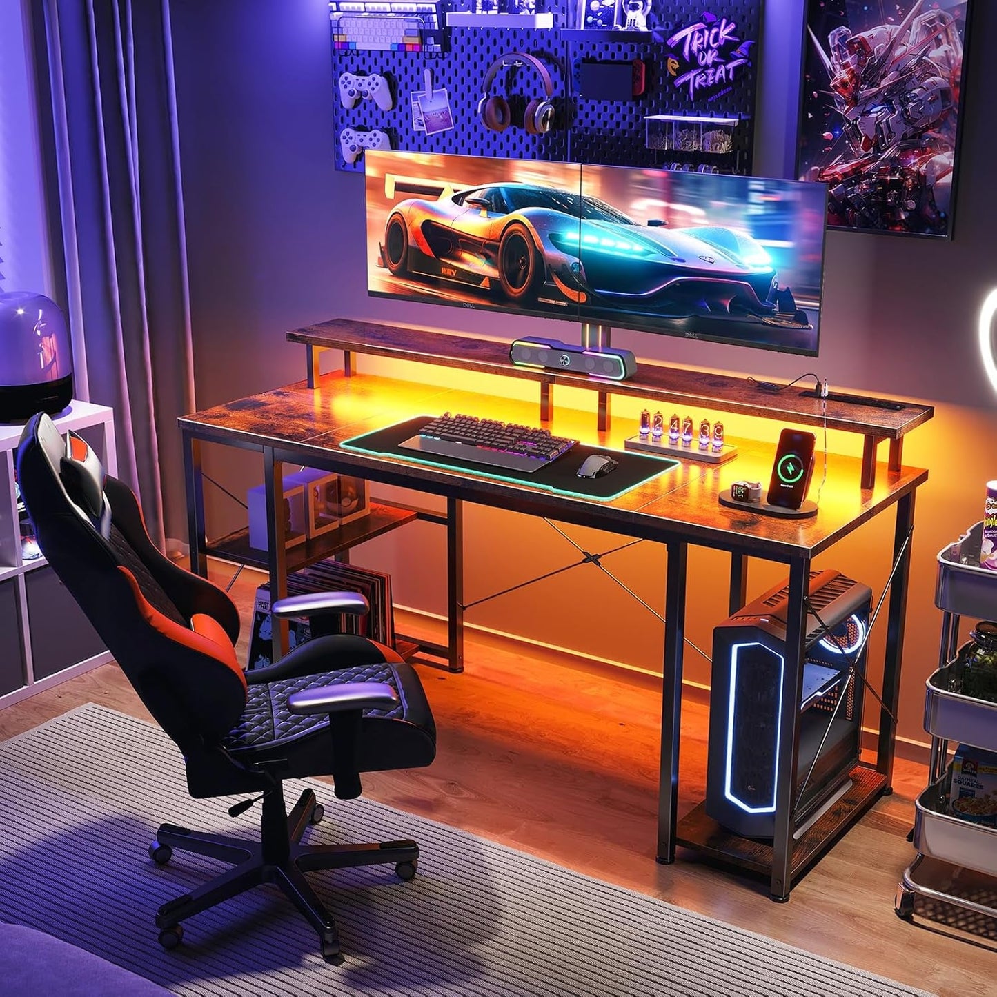48 Inch Computer Desk with LED Lights & Power Outlets