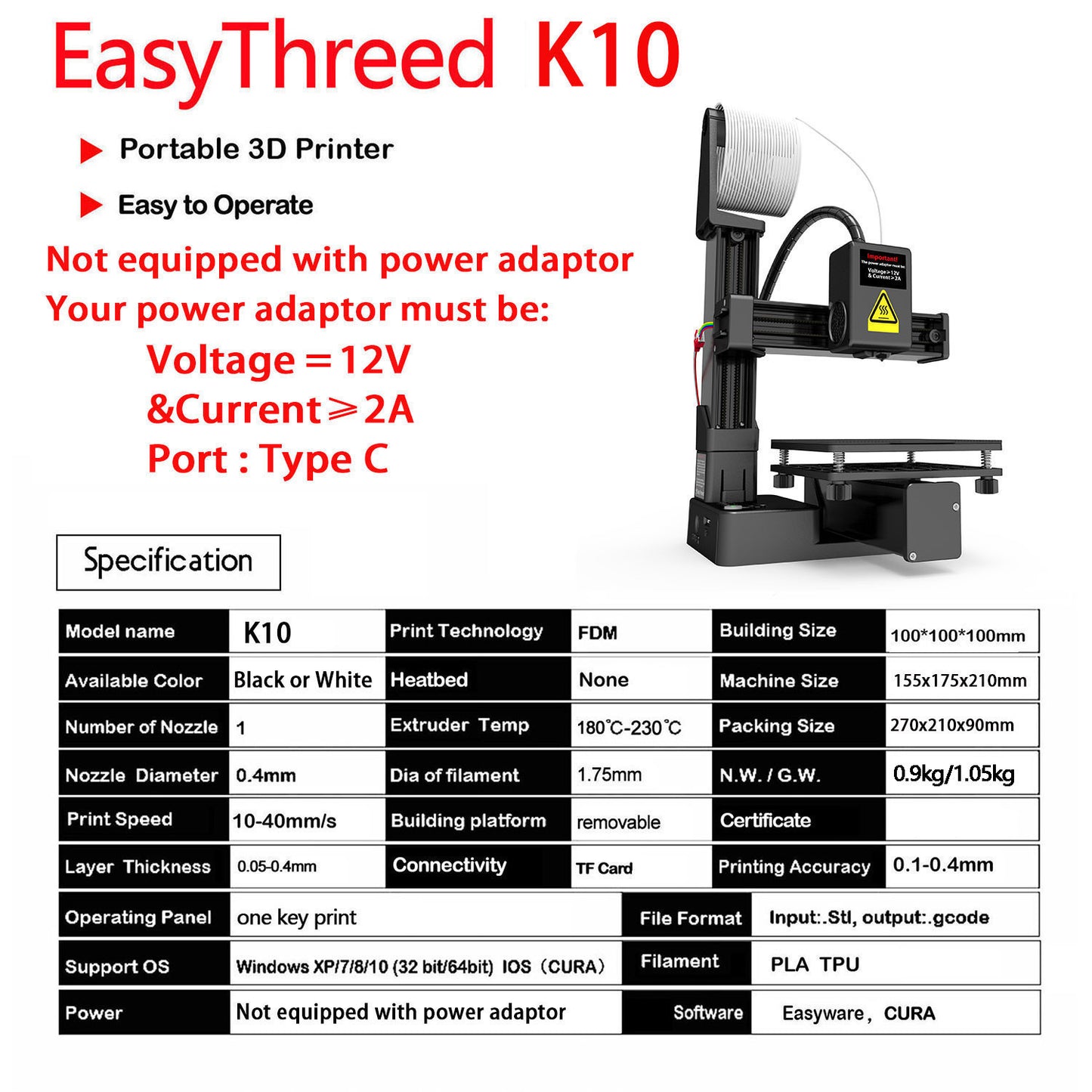 Easy Threed K10 Entry Level 3D Printer 175mm