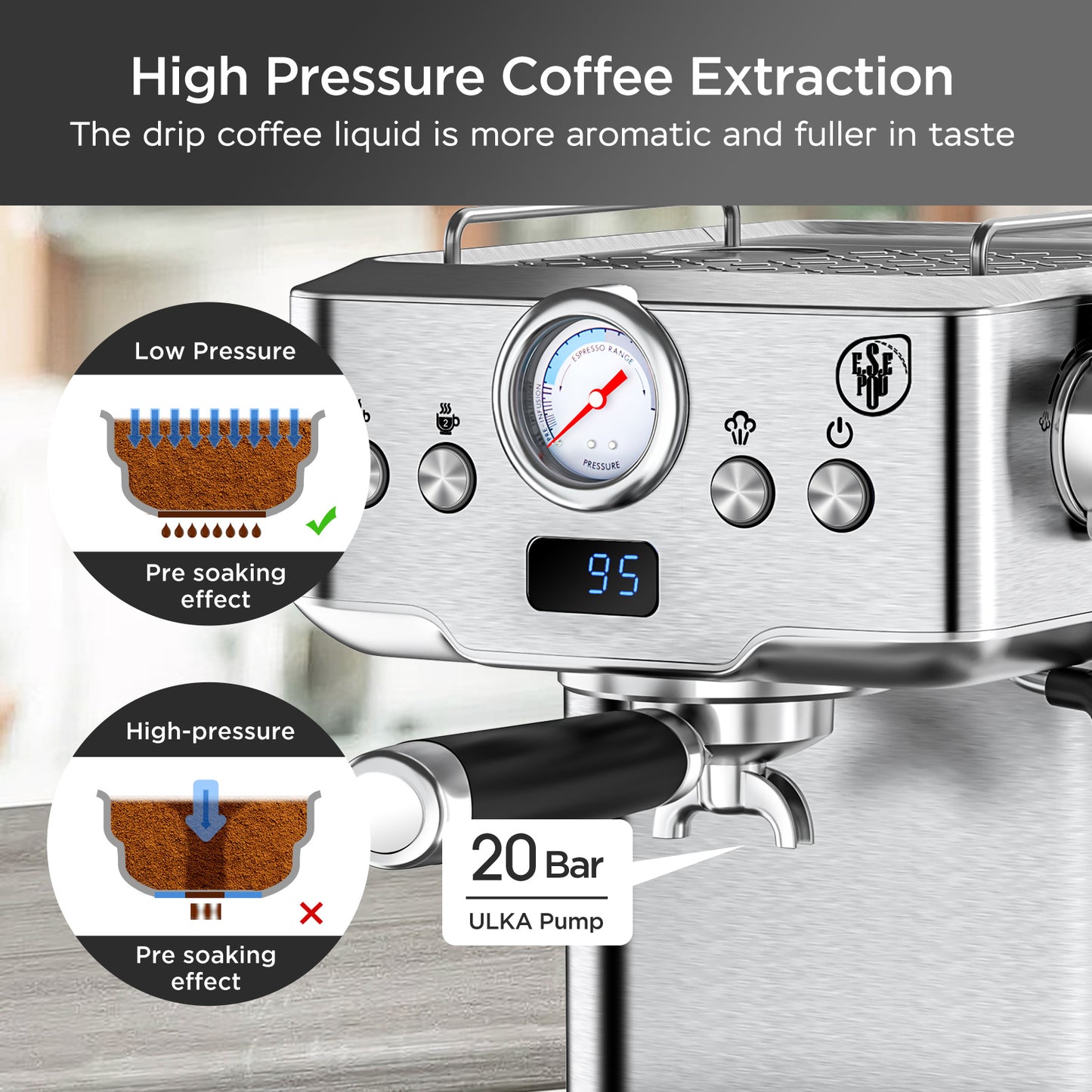 Professional Espresso Machine With Milk Frother, Single & Double Shot, Pod Compatible, Visual Display Of Pressure, Removable Water Tank