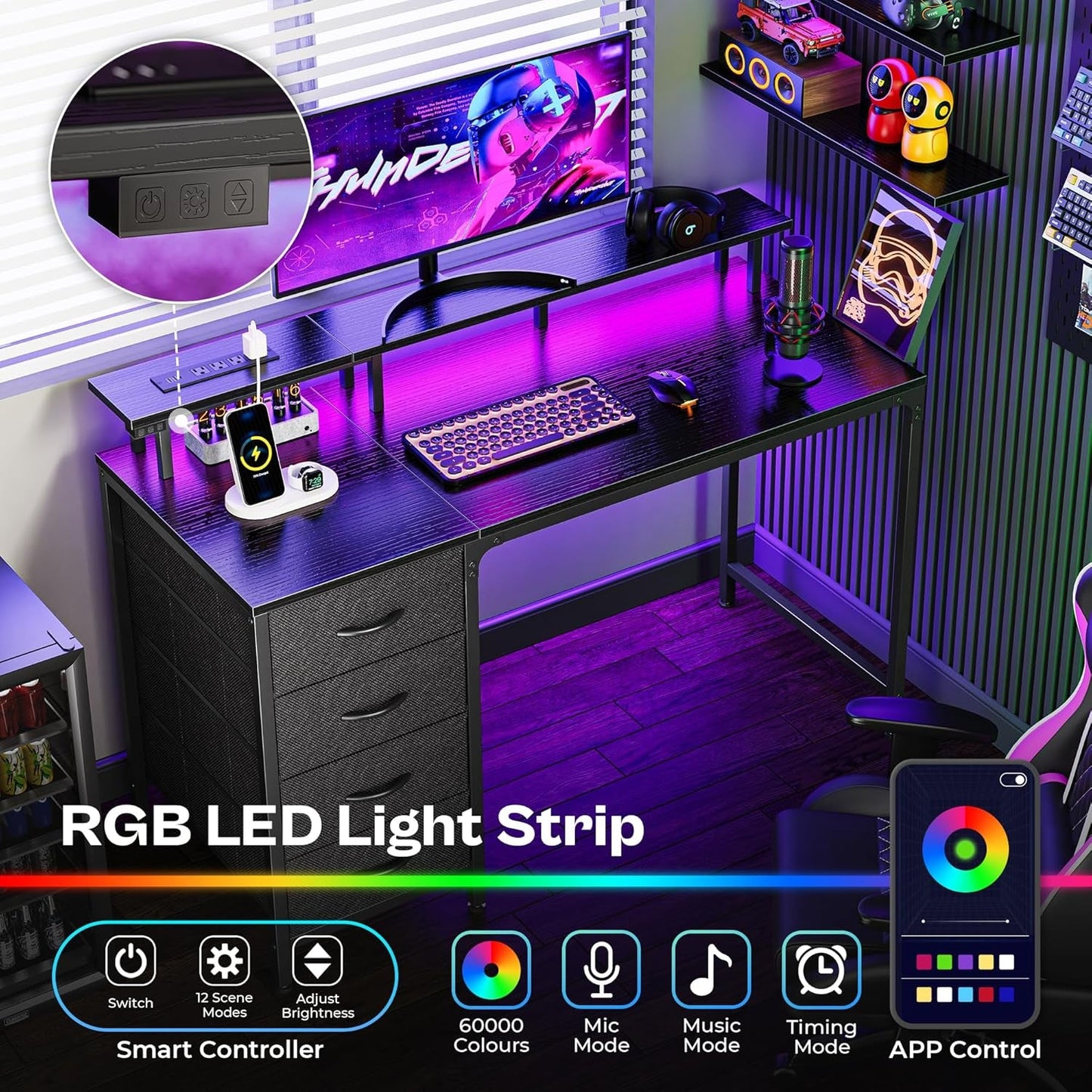 47 Inch Computer Desk with Power Outlets and LED Lights