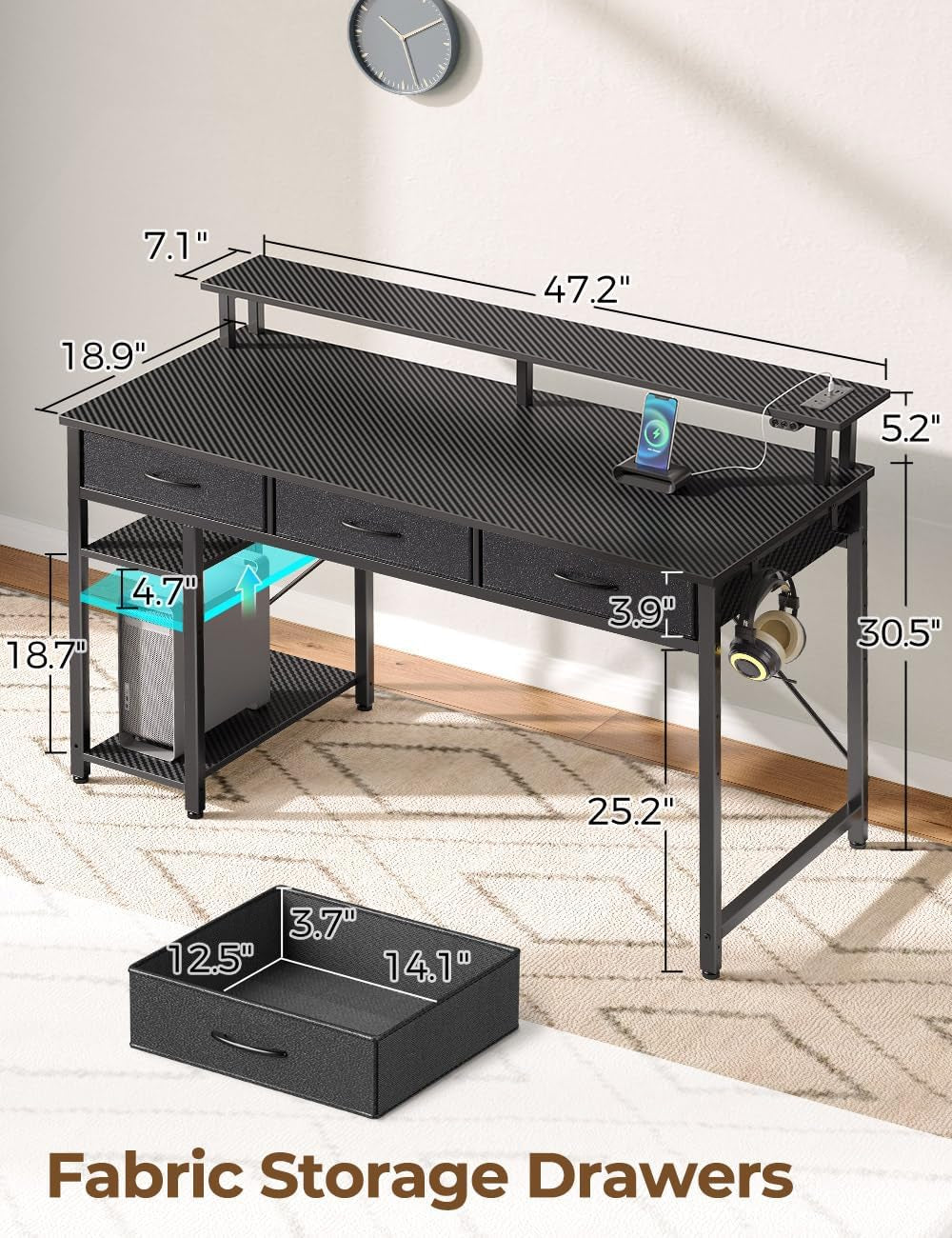 Computer Desk with Power Outlets & LED Light