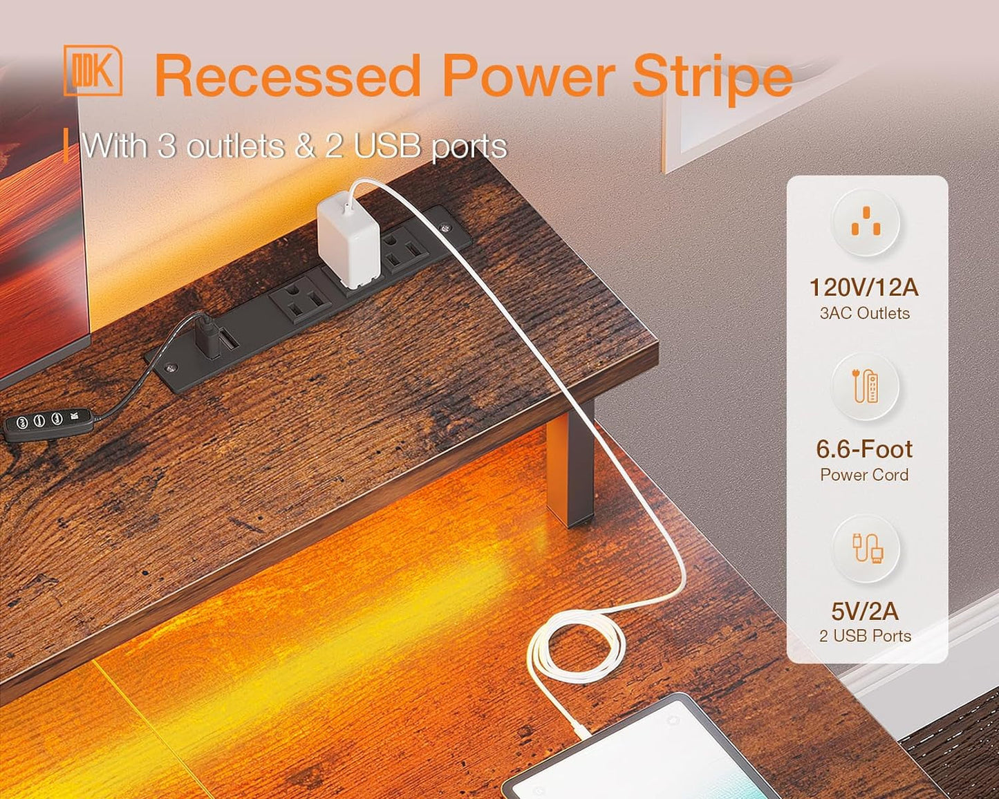 48 Inch Computer Desk with LED Lights & Power Outlets