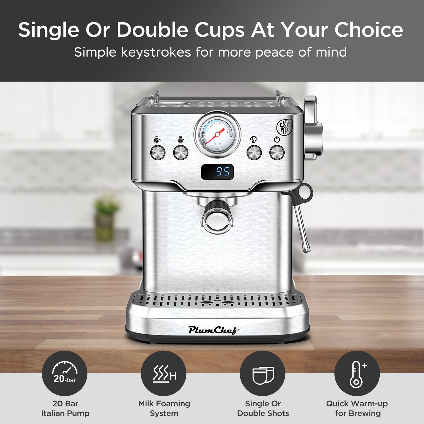 Professional Espresso Machine With Milk Frother, Single & Double Shot, Pod Compatible, Visual Display Of Pressure, Removable Water Tank