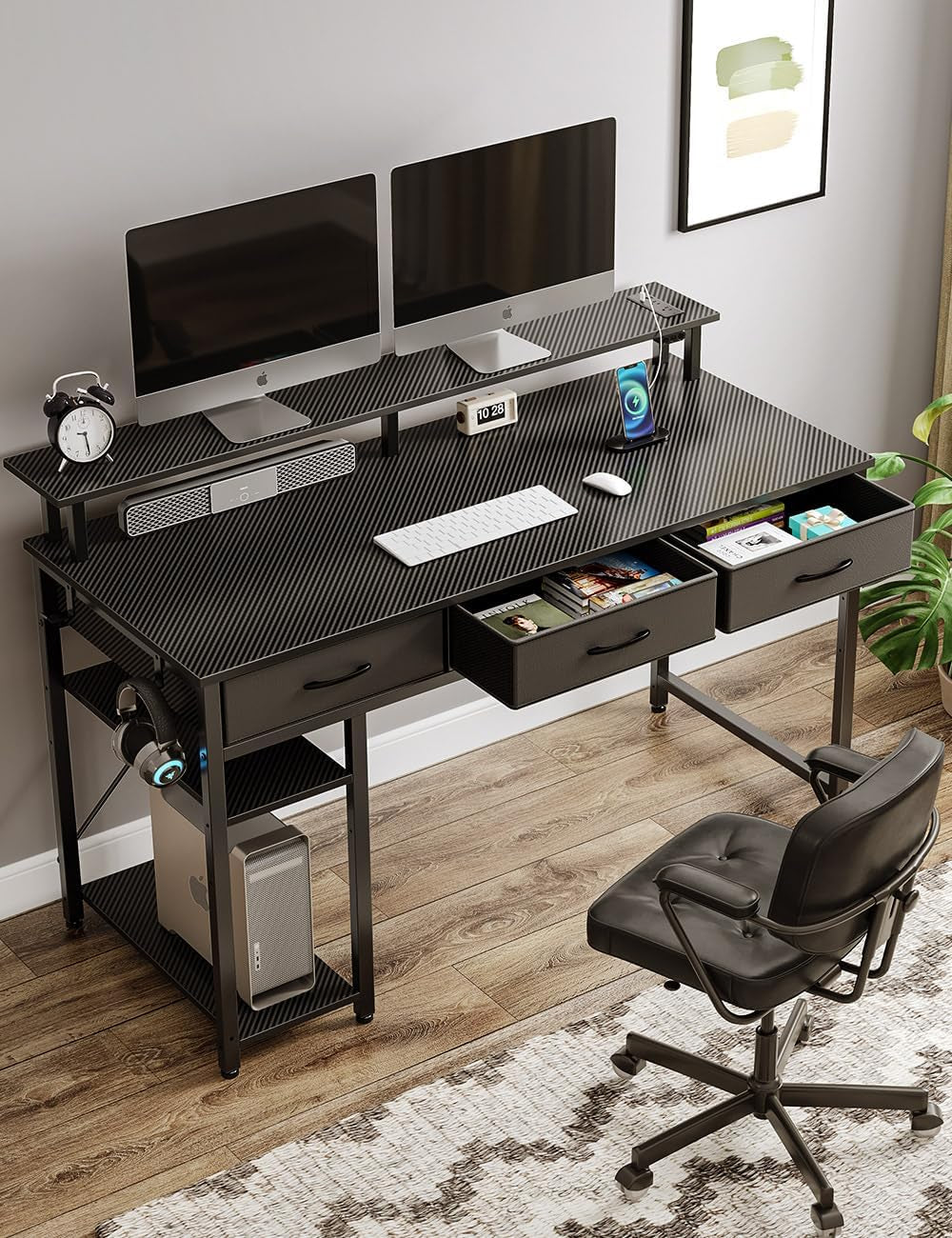 Computer Desk with Power Outlets & LED Light