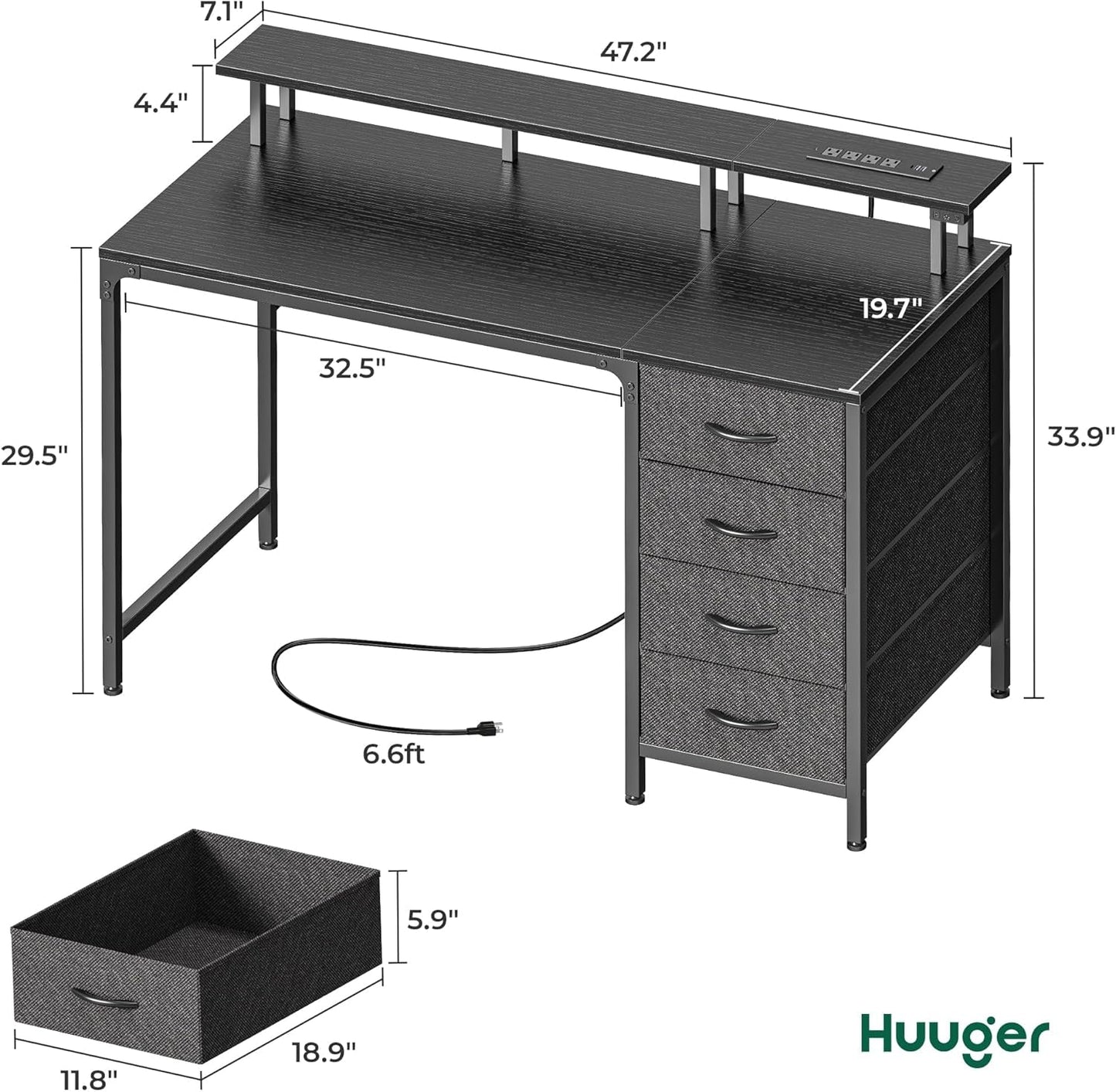 47 Inch Computer Desk with Power Outlets and LED Lights