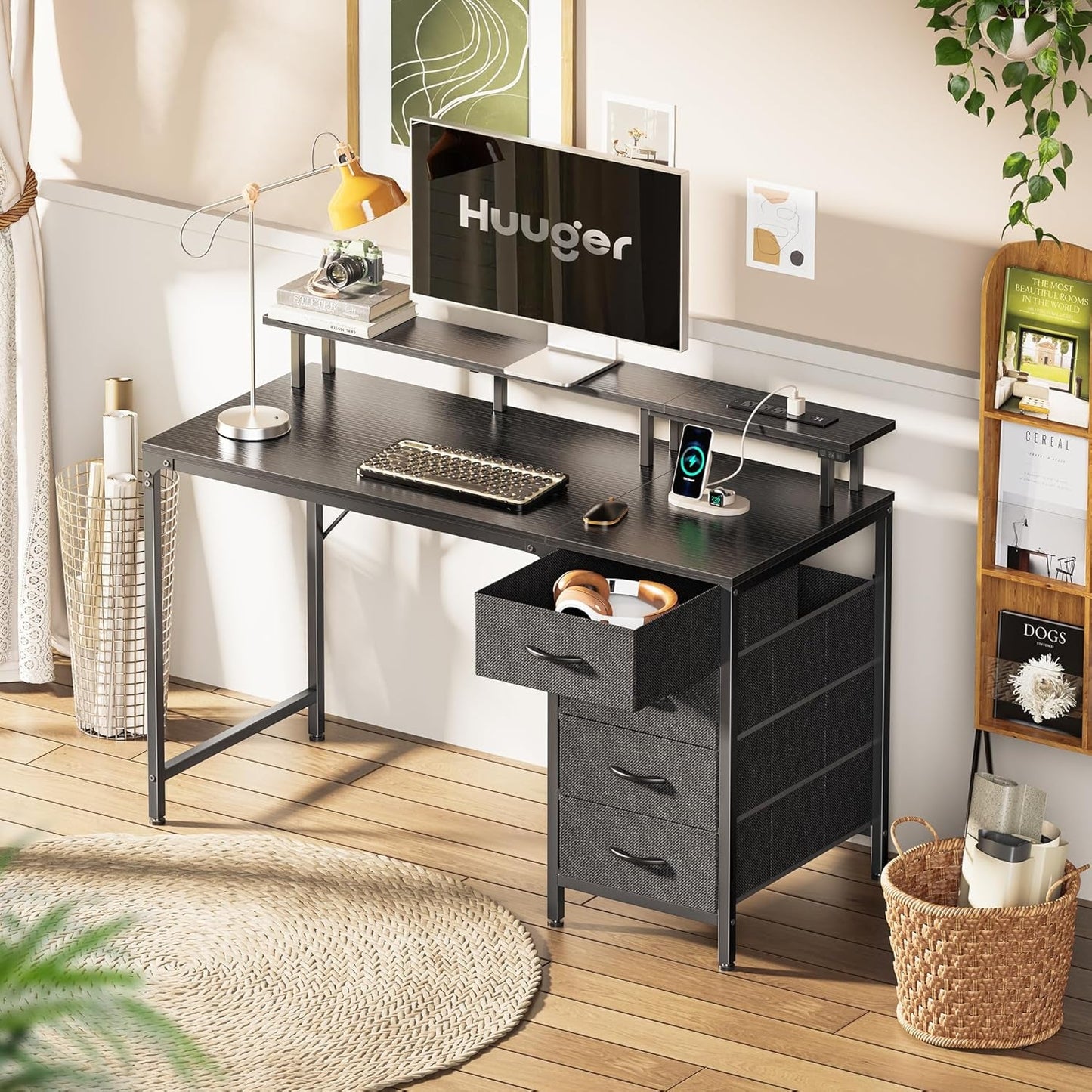 47 Inch Computer Desk with Power Outlets and LED Lights