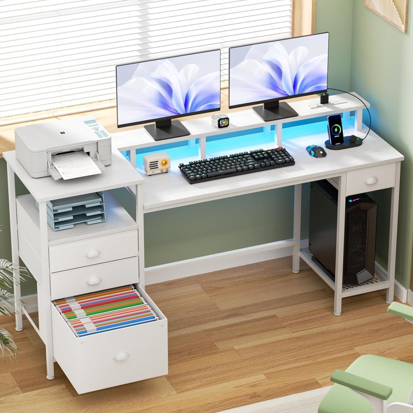 60" White Computer Desk with 4 Drawers