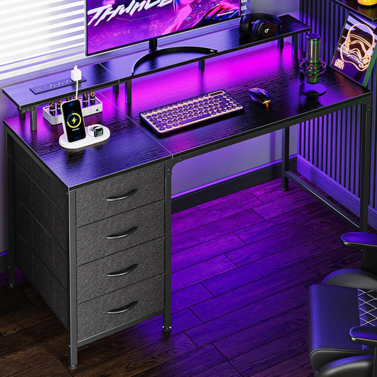 47 Inch Computer Desk with Power Outlets and LED Lights
