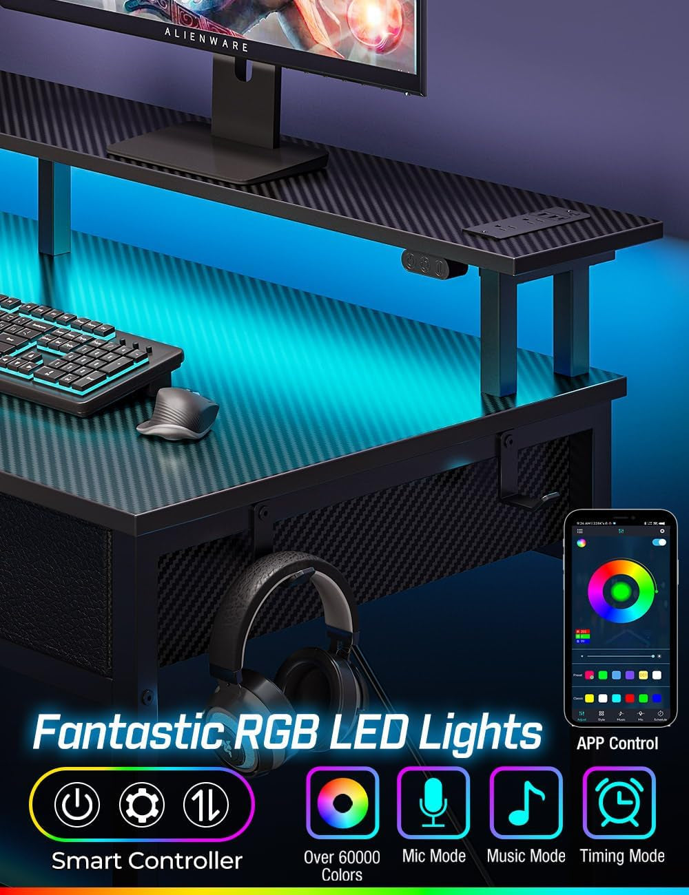 Computer Desk with Power Outlets & LED Light
