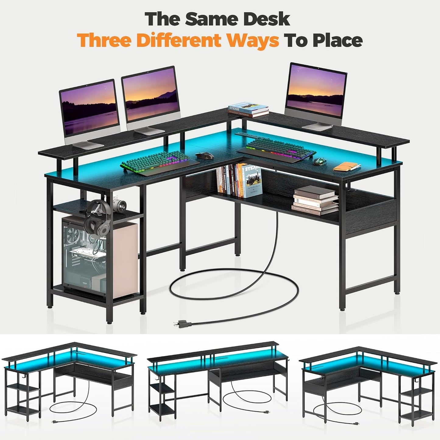 56" L-Shaped Computer Desk with LED Lights and Power Outlets
