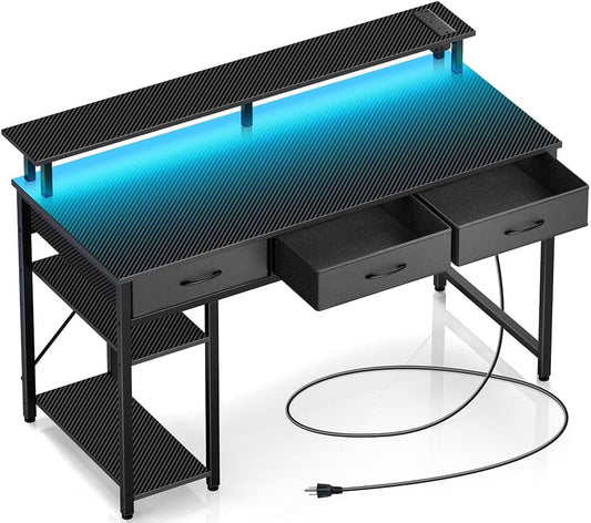 Computer Desk with Power Outlets & LED Light