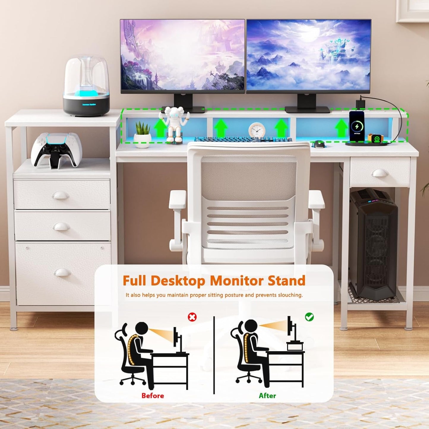 60" White Computer Desk with 4 Drawers