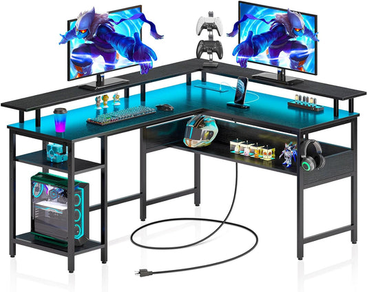 56" L-Shaped Computer Desk with LED Lights and Power Outlets