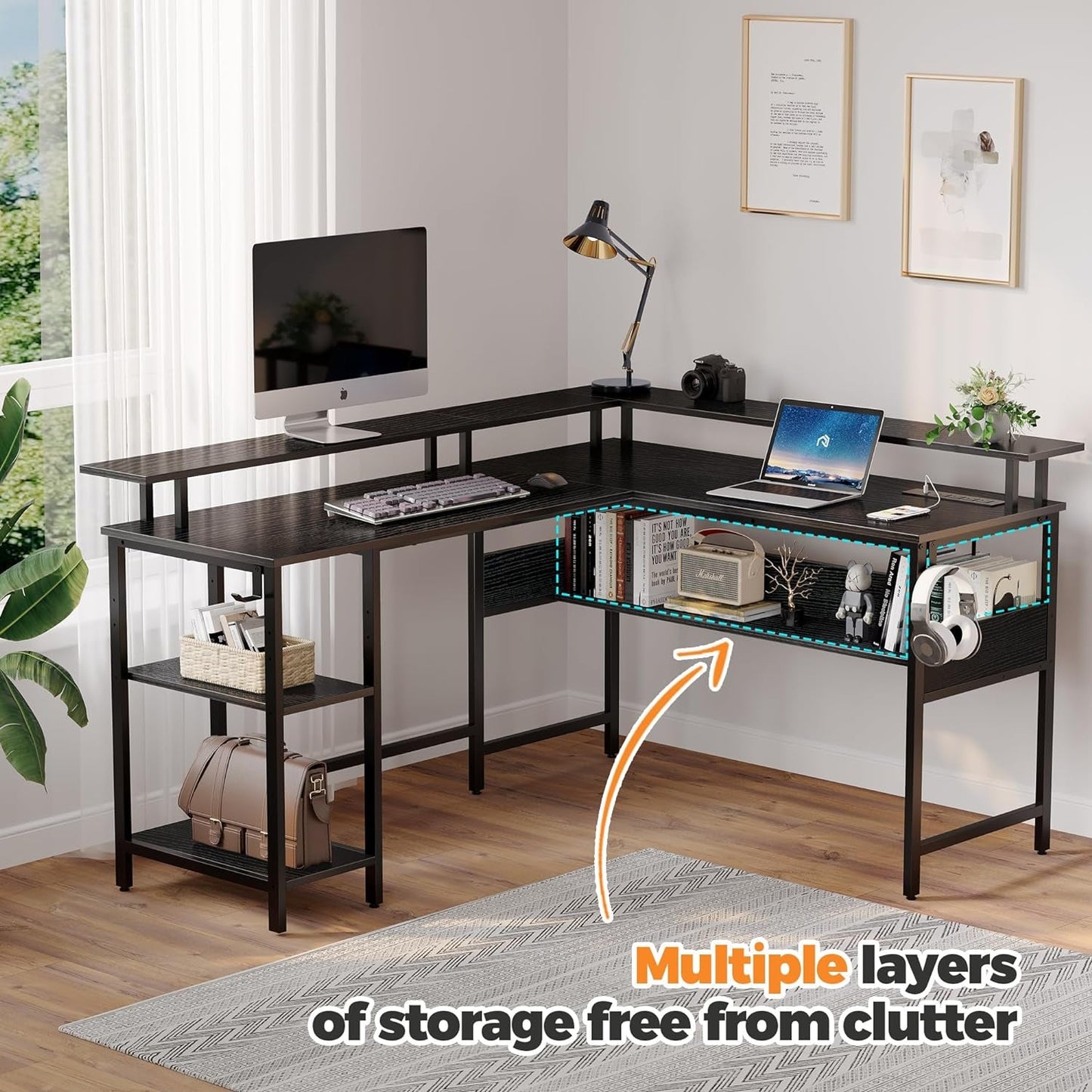 56" L-Shaped Computer Desk with LED Lights and Power Outlets