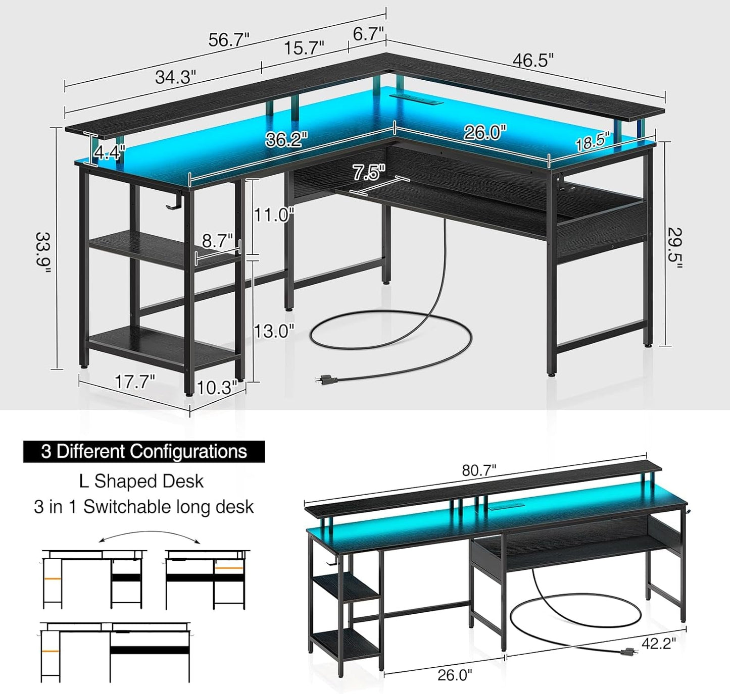 56" L-Shaped Computer Desk with LED Lights and Power Outlets