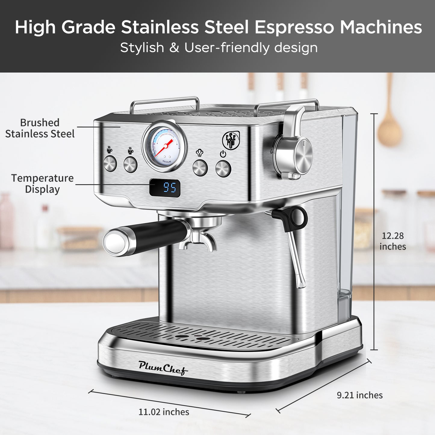 Professional Espresso Machine With Milk Frother, Single & Double Shot, Pod Compatible, Visual Display Of Pressure, Removable Water Tank