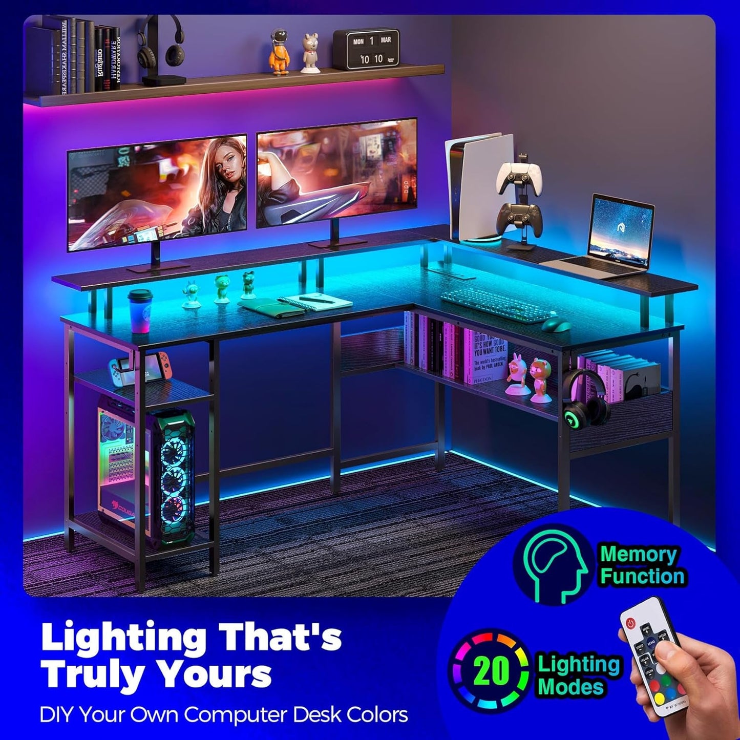 56" L-Shaped Computer Desk with LED Lights and Power Outlets