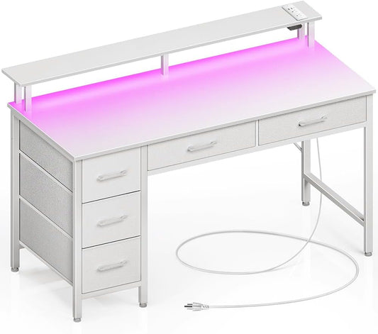 Computer Desk with Power Outlets & LED Light, 39 Inch Home Office Desk